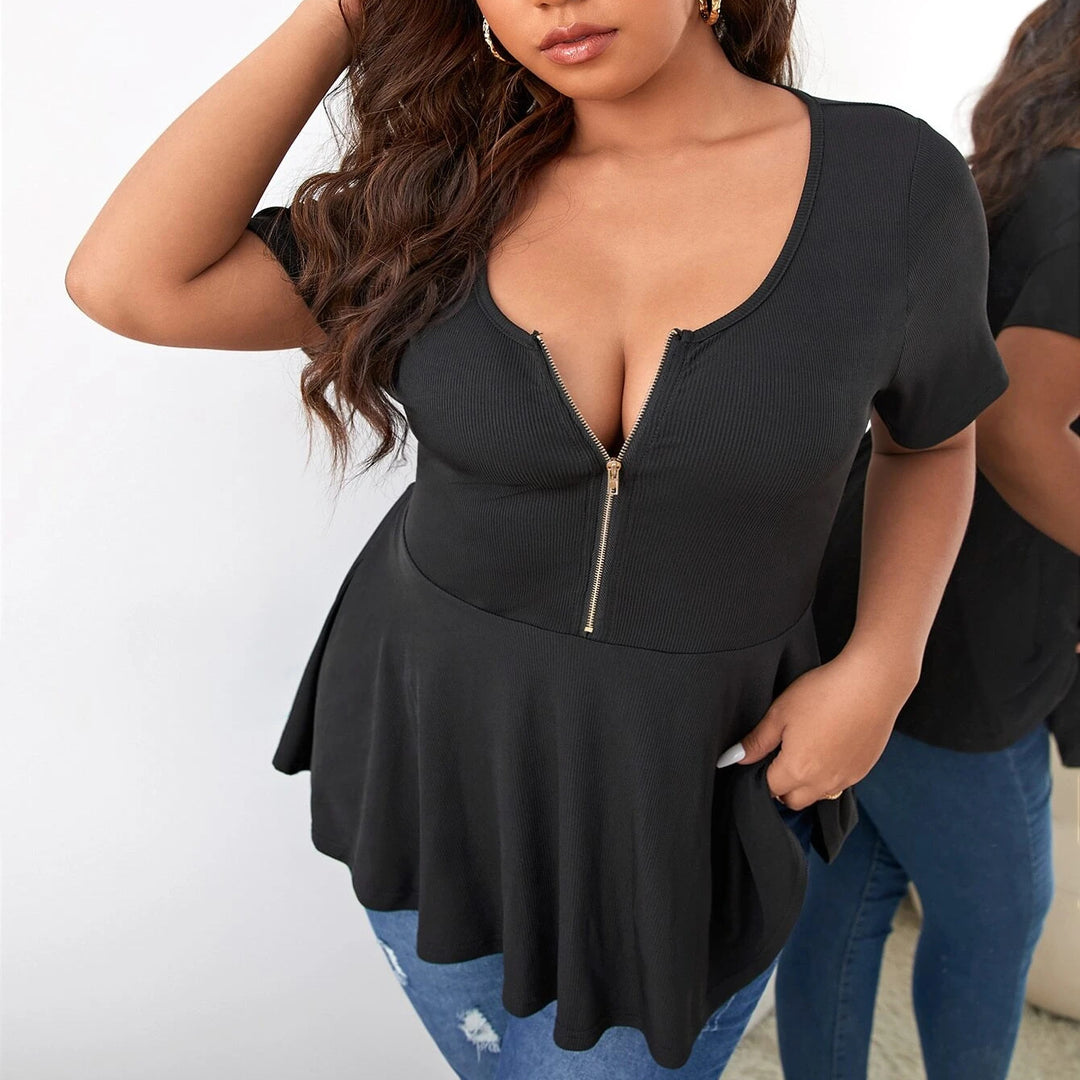 Damen Geripptes Zip-Peplum-Top mit tiefem V-Ausschnitt Drune