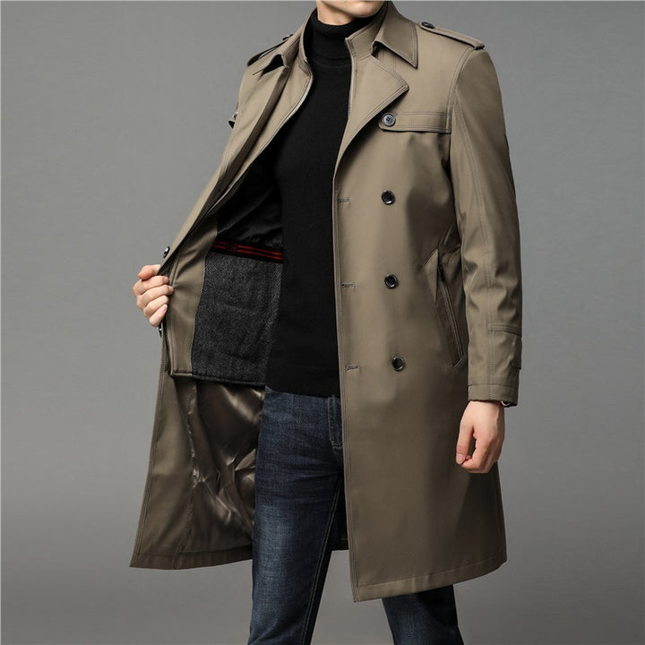 Herren knielanger Trenchcoat mit doppelreihiger Knopfleiste und Epauletten Drune