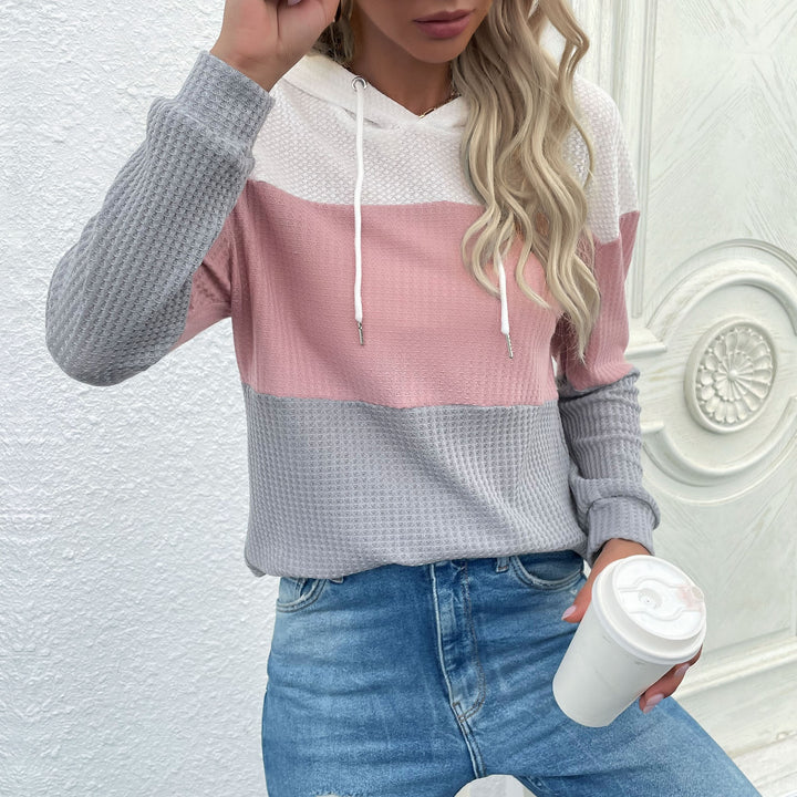 Damen Lässiger Strick-Hoodie mit Colorblock, Kordelzug und feinem Waffelmuster Drune