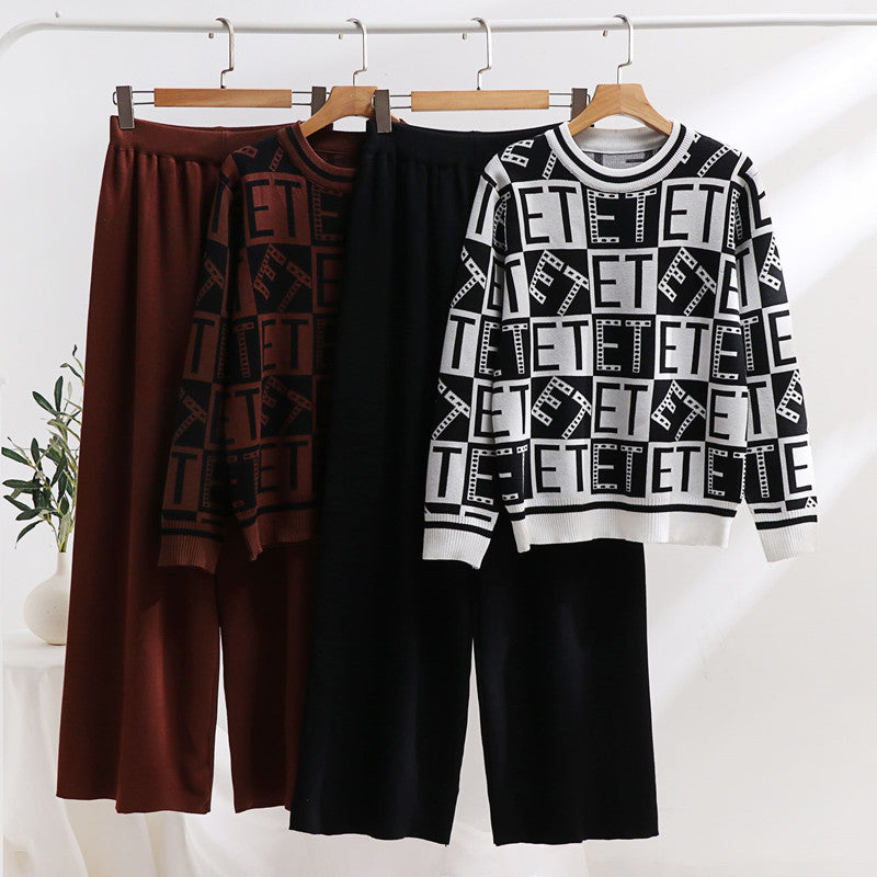 Damen lässiges Strick-Loungewear-Set mit grafischem Muster und weitem Schnitt Drune