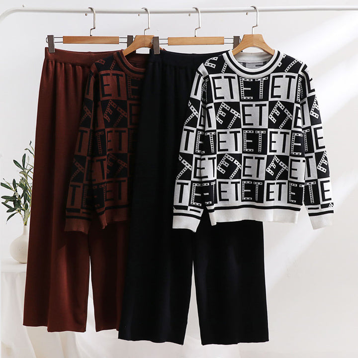 Damen lässiges Strick-Loungewear-Set mit grafischem Muster und weitem Schnitt Drune