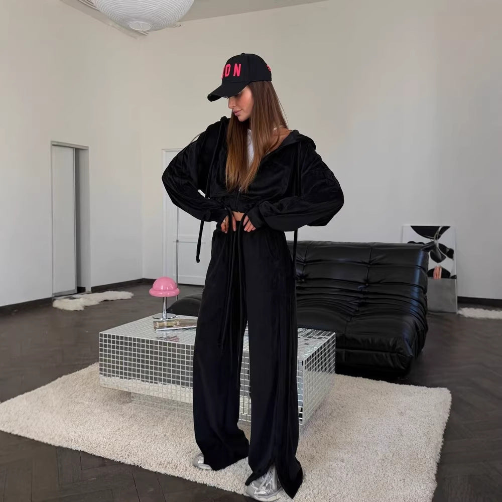 Damen Cropped Kapuzenjacke mit Kordelzug und weitem Split-Hose Lounge-Set Drune