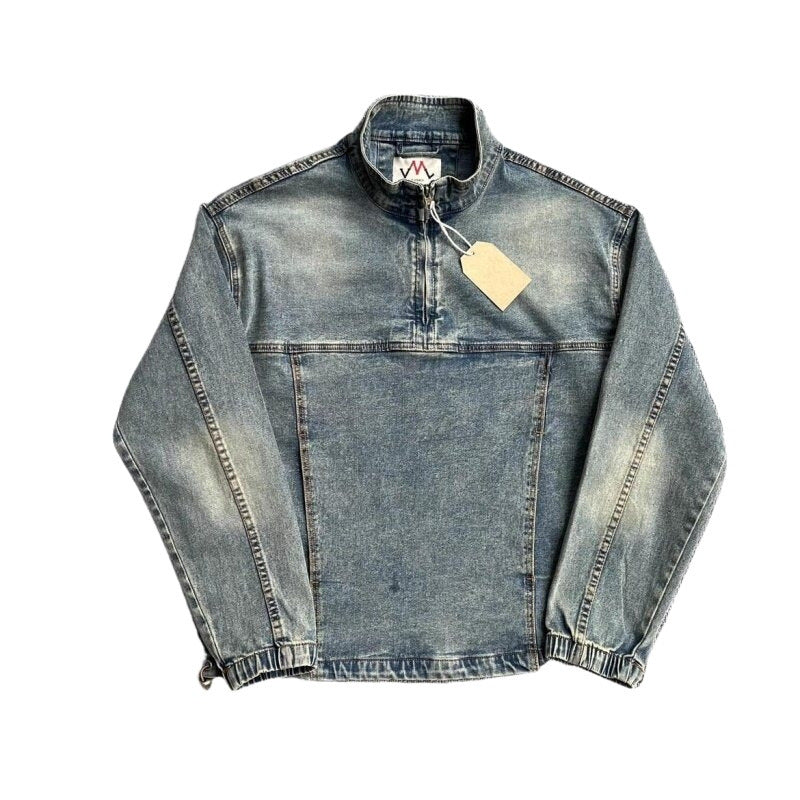 Herren Denim-Pulloverjacke im Vintage-Look mit Halbzip und Stehkragen Drune