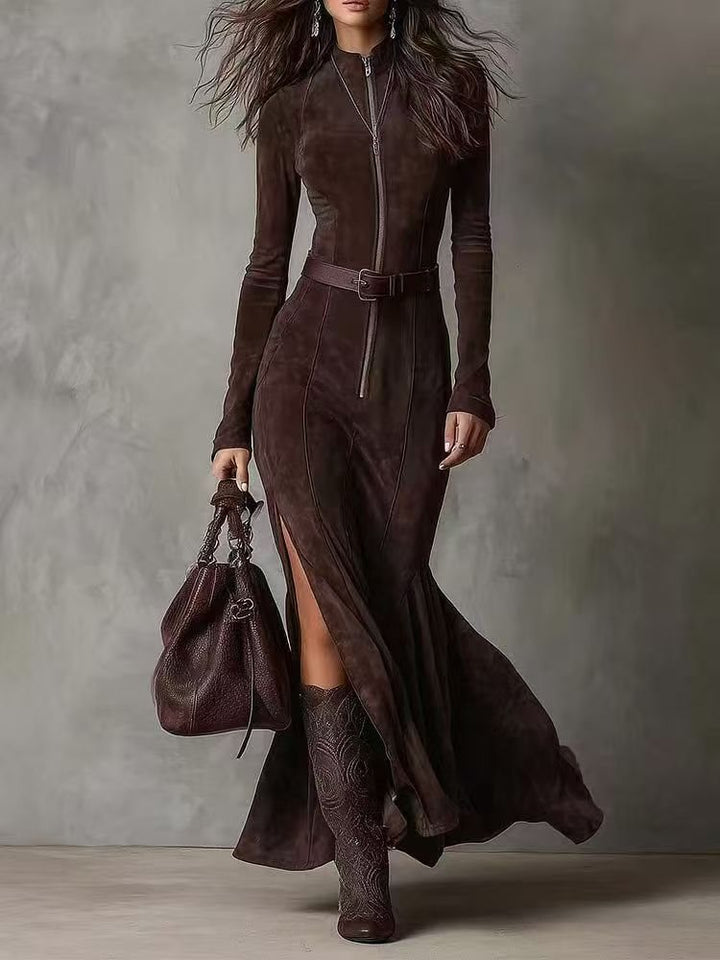 Damen Figurbetontes Midikleid aus Velourslederimitat mit Stehkragen und Zentralem Reißverschluss Drune