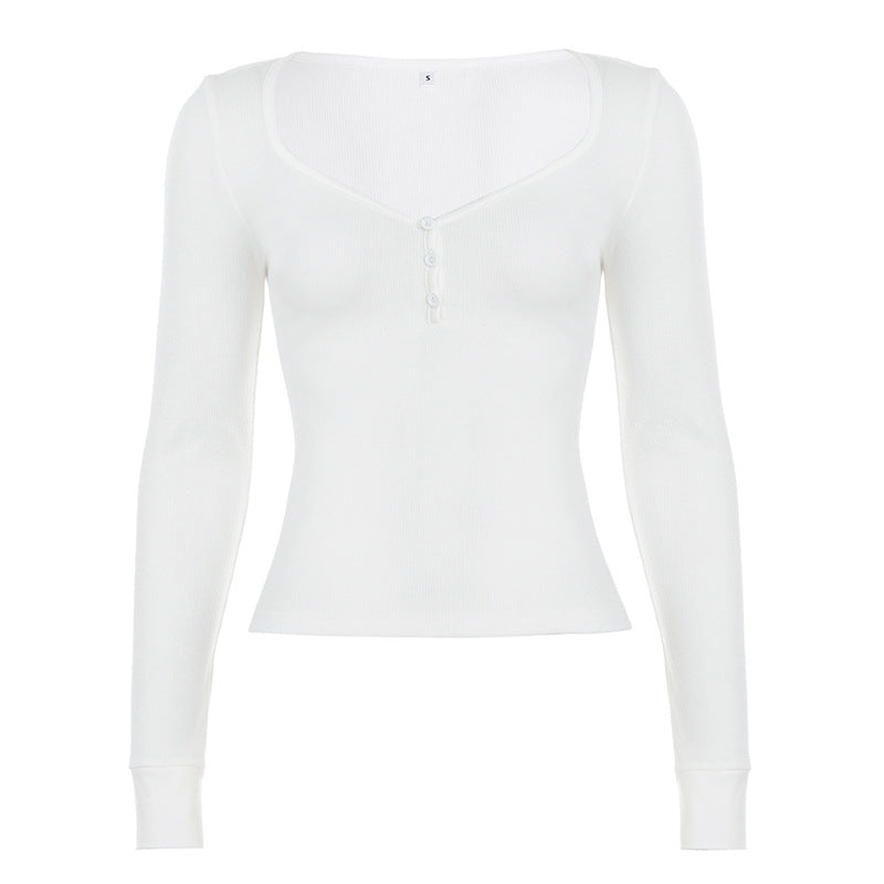 Damen nan figurbetontes geripptes Langarm-Henley-Top mit tiefem V-Ausschnitt und Knopfleiste Drune