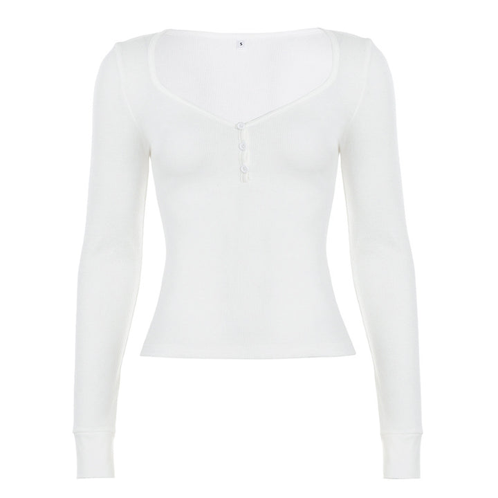 Damen nan figurbetontes geripptes Langarm-Henley-Top mit tiefem V-Ausschnitt und Knopfleiste Drune