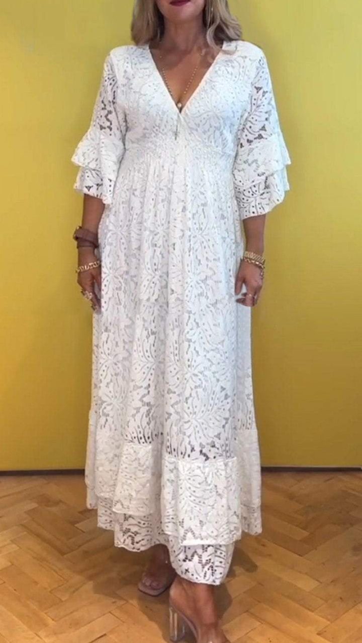 Damen nan Boho-Spitzen-Maxikleid mit V-Ausschnitt, Unterbrustnaht und gestuften Volantärmeln Drune