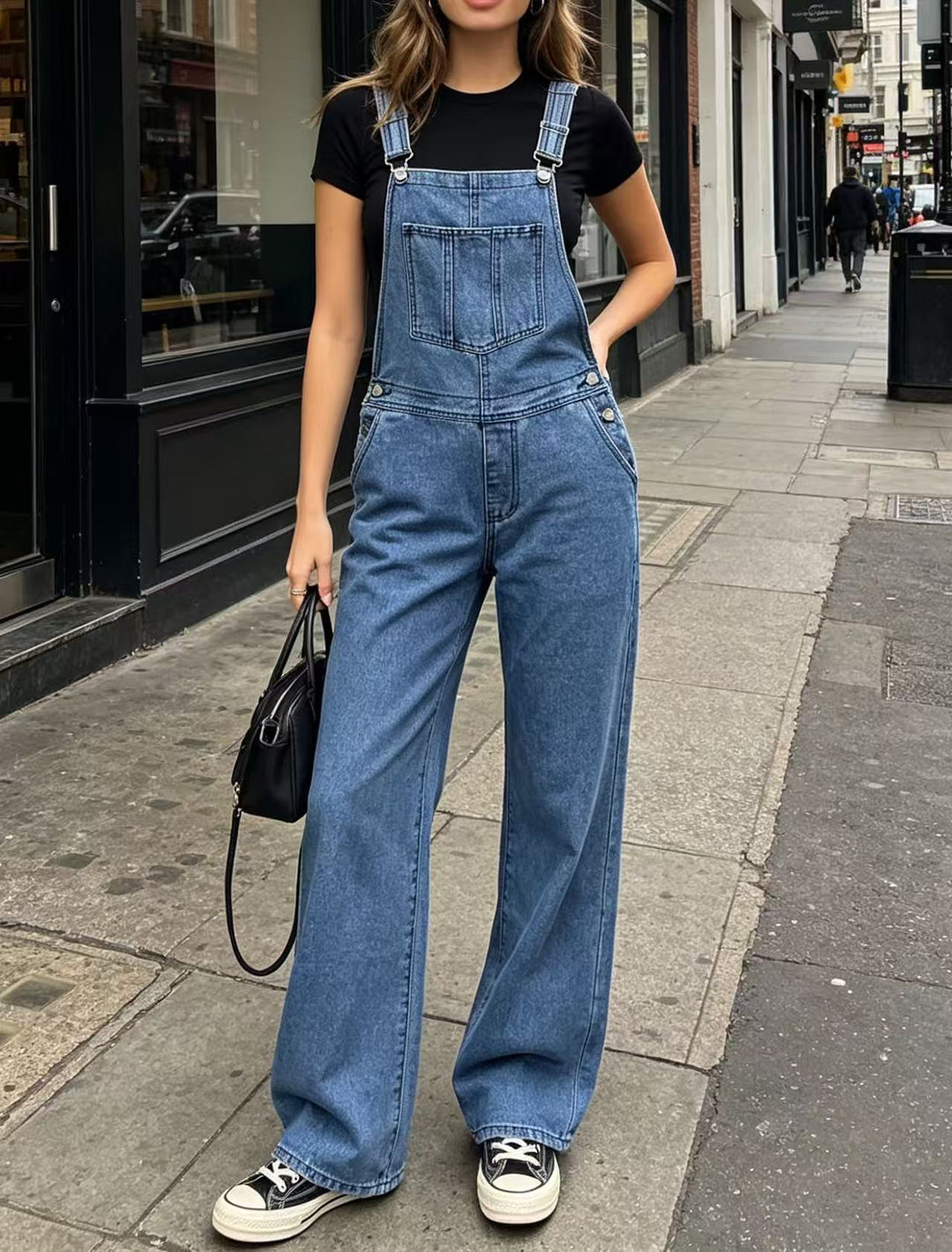 Damen nan weite Denim-Latzhose mit hoher Taille, verstellbaren Trägern und lässigem Schlag Drune