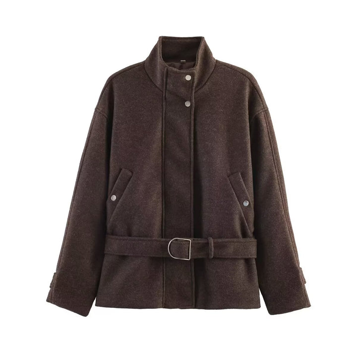 Damen Kurze Wollmix-Übergangsjacke mit Taillengürtel und Stehkragen Drune