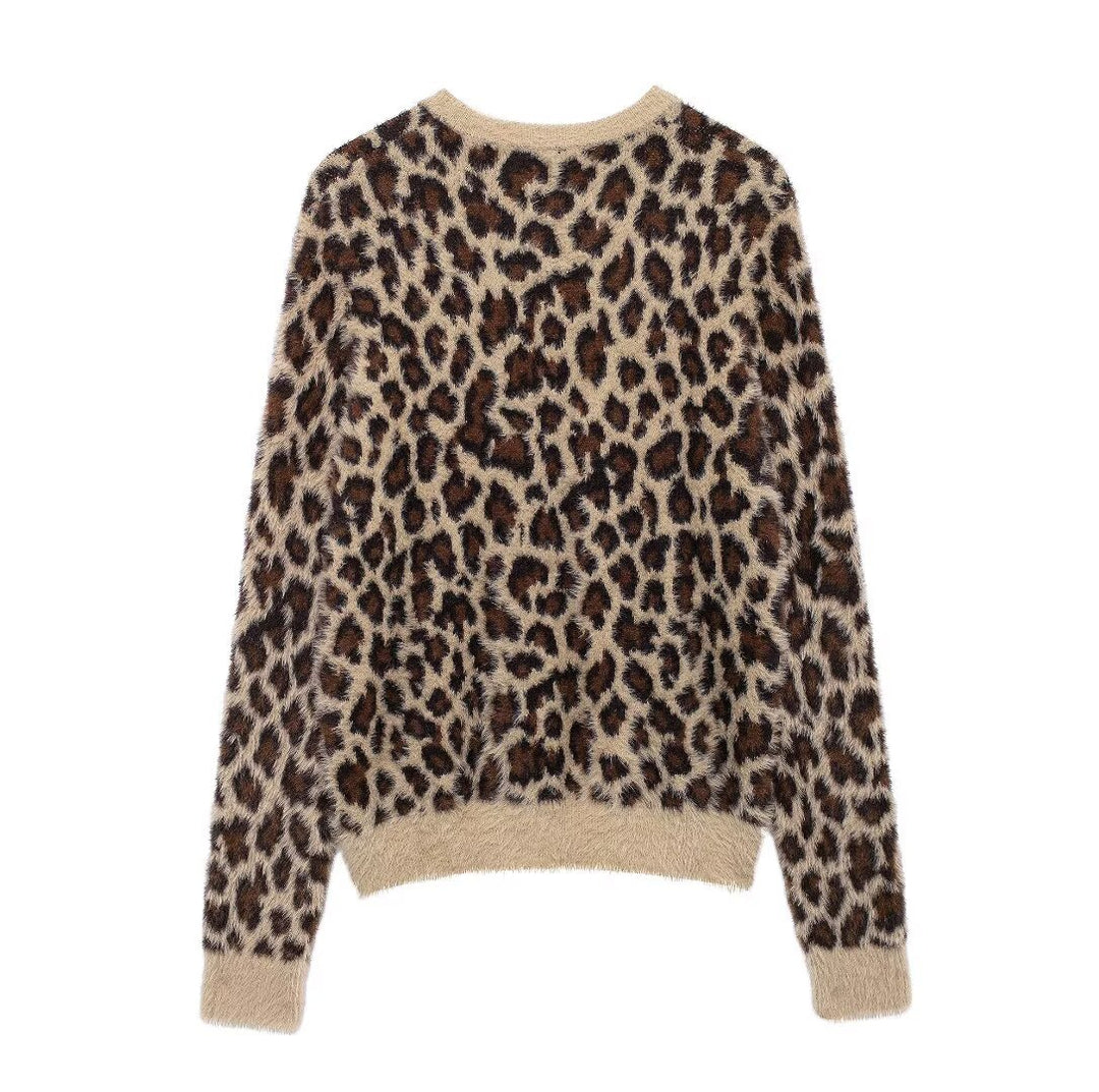 Damen Flauschiger Strickpullover mit Leopardenmuster und Rundhalsausschnitt Drune
