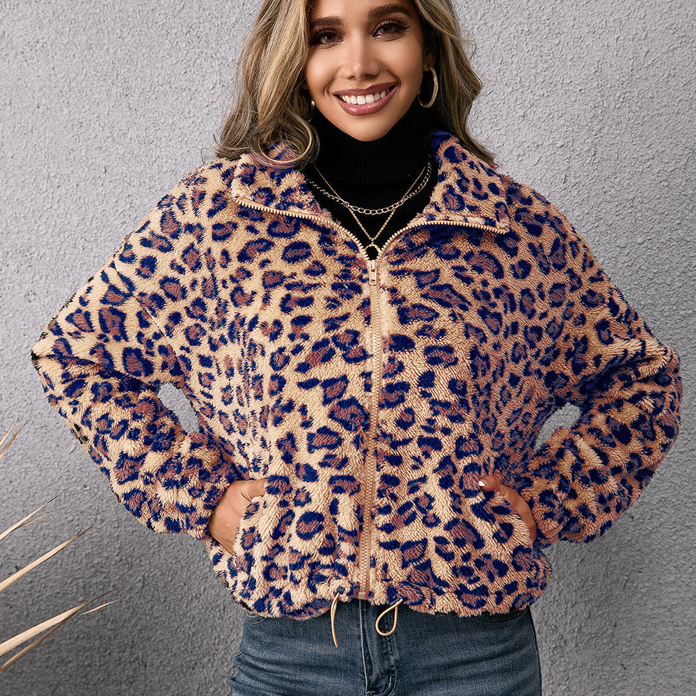 Damen Fleecejacke mit Leoparddruck und seitlichen Taschen Drune