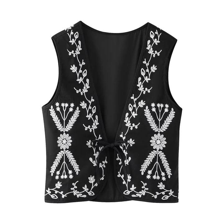 Damen nan bestickte Kurzweste im Boho-Stil mit tiefem V‑Ausschnitt, floraler Zierstickerei und Bindeband Drune