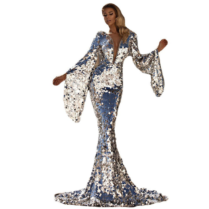 Damen Glamouröses Pailletten Abendkleid mit tiefem V-Ausschnitt und langen Ärmeln Drune