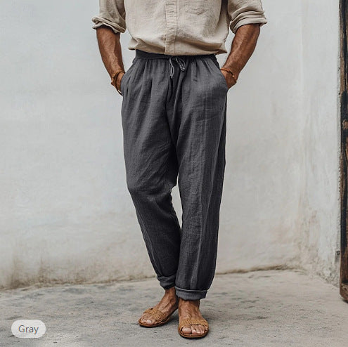 Herren lässige Leinenmisch-Joggerhose mit Kordelzug, angeschrägten Eingrifftaschen und schmalem Knöchelabschluss Drune