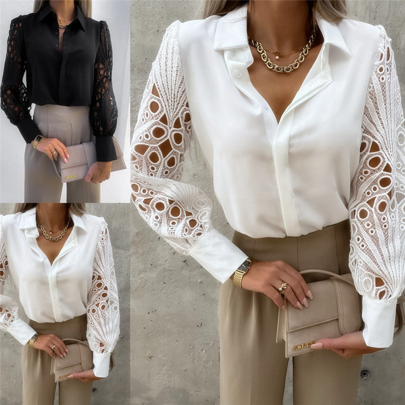 Damen Bluse mit voluminösen Spitzenärmel und elegantem Kragen Drune