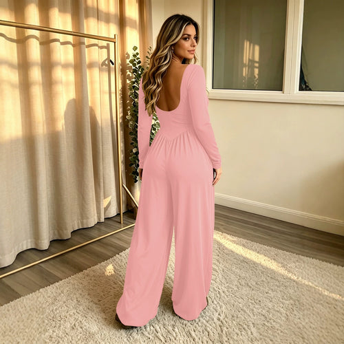 Damen Langer Jumpsuit mit weitem Bein, tiefem Rundhals und Eingrifftaschen Drune