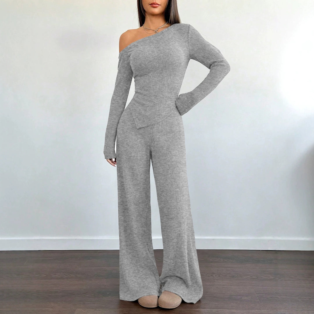Damen Asymmetrisches Strick-Lounge-Set mit One-Shoulder-Oberteil und weitem Bein Drune
