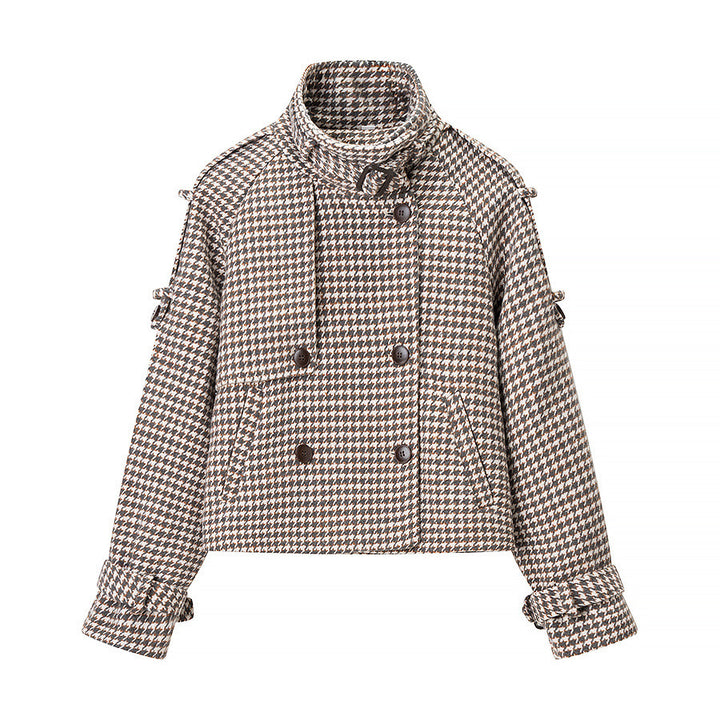 Damen Oversize-Trenchcoat mit Hahnentritt-Muster, hohem Stehkragen und Schulterklappen Drune