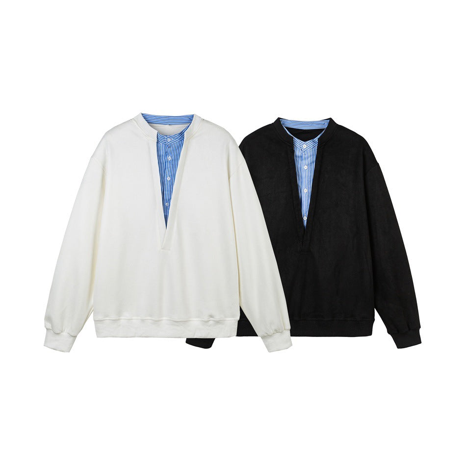Unisex Oversize-Sweatshirt mit tiefem V-Ausschnitt und eingenähtem Hemdkragen-Einsatz Drune