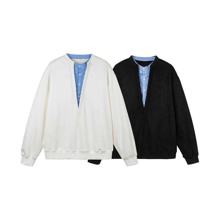 Unisex Oversize-Sweatshirt mit tiefem V-Ausschnitt und eingenähtem Hemdkragen-Einsatz Drune