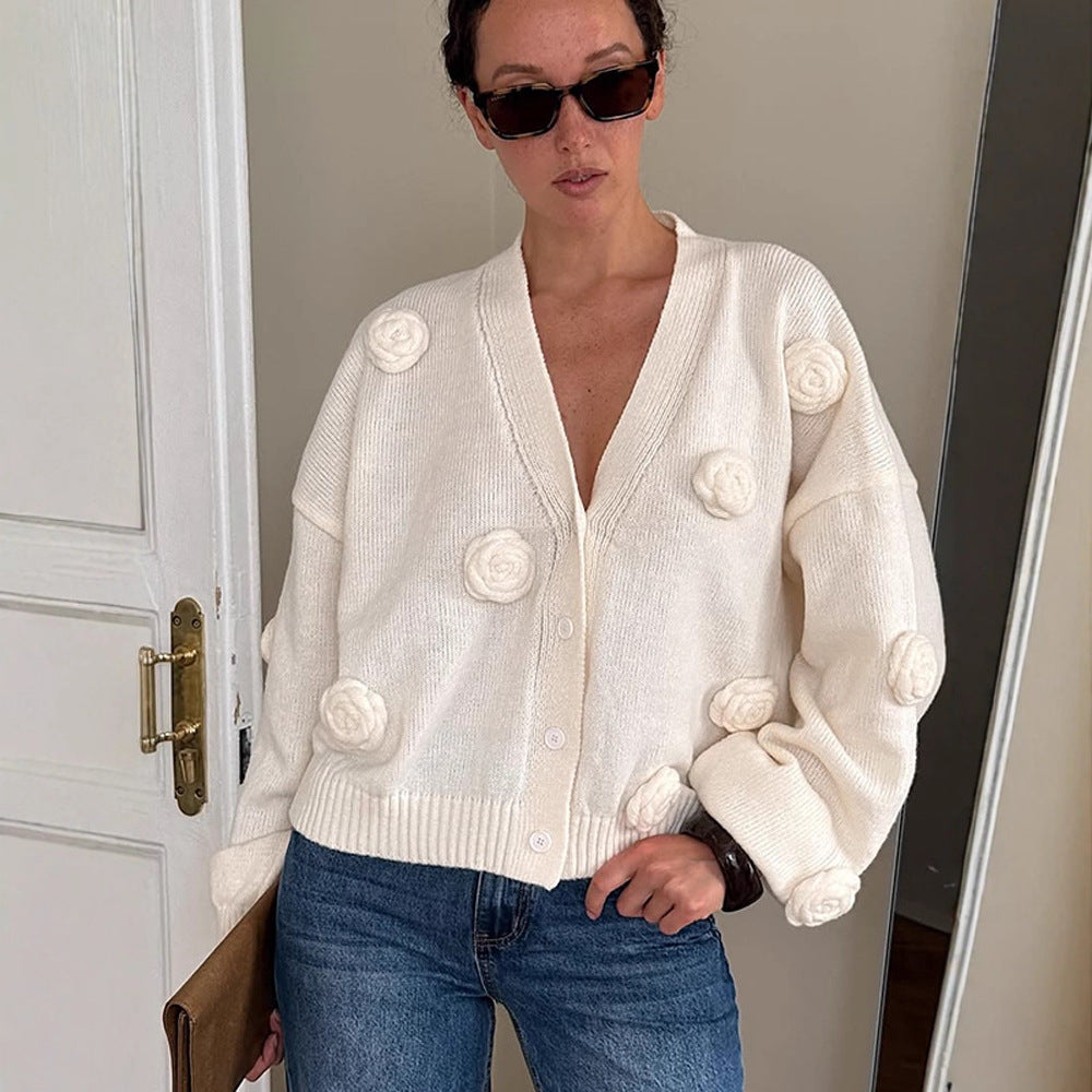 Damen Oversize-Strickcardigan mit dreidimensionalen Rosenapplikationen und V-Ausschnitt Drune