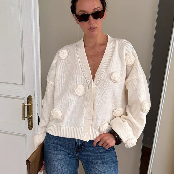 Damen Oversize-Strickcardigan mit dreidimensionalen Rosenapplikationen und V-Ausschnitt Drune