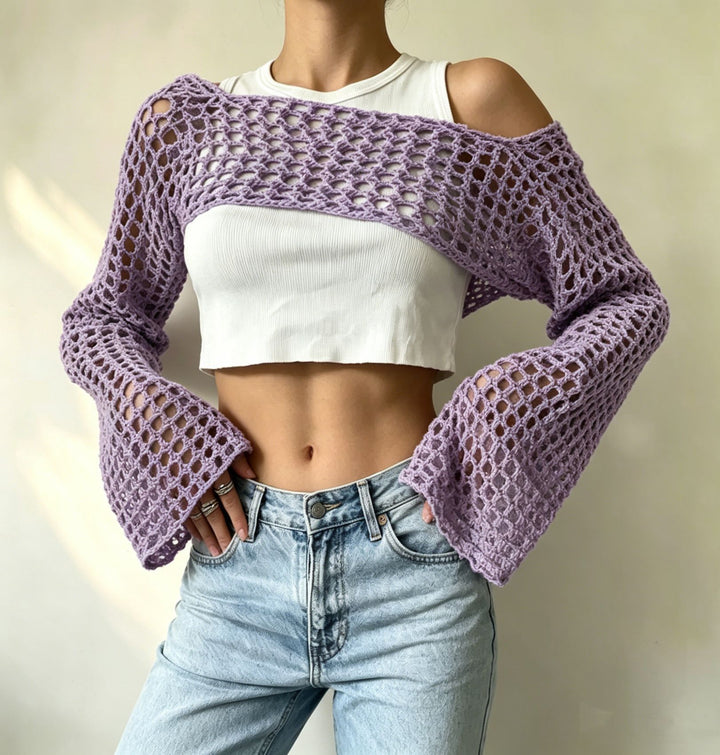 Damen gehäkelter kurzer Bolero mit asymmetrischem Schulterauschnitt und ausgestellten Ärmeln Drune