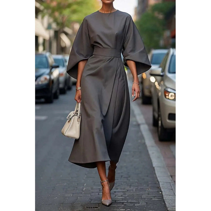 Damen Elegantes Midikleid mit weitem Kimonoärmel und tailliertem Wickelbund Drune