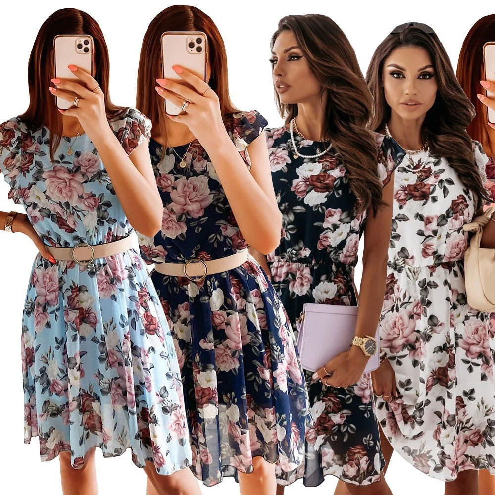 Damen Sommerkleid mit zarten Rüschendetails und Taillengürtel Drune