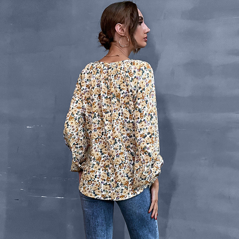 Damen Leichte V-Ausschnitt Blumenbluse mit Ballonärmeln Drune