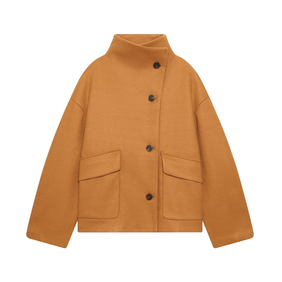 Damen nan kastige Oversize Wollmixjacke mit hohem Stehkragen und großen aufgesetzten Pattentaschen Drune