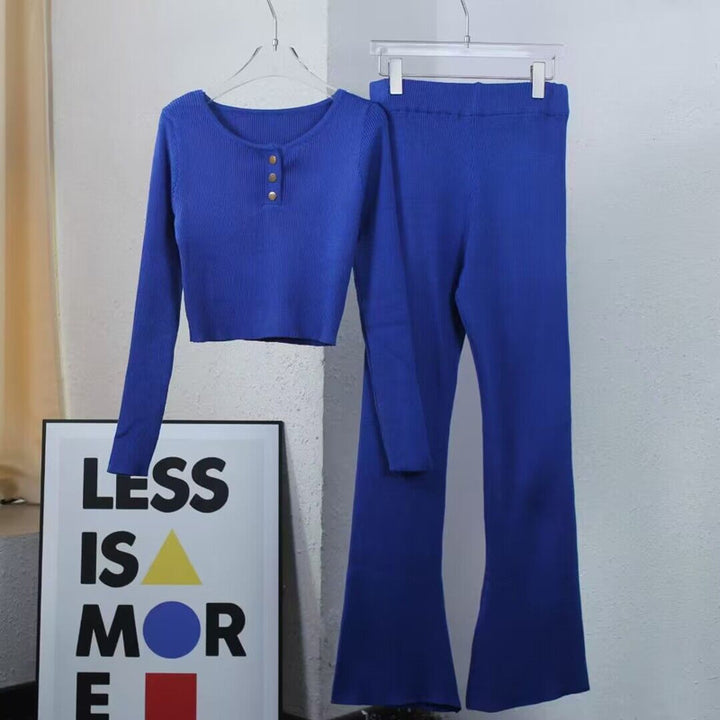 Damen lässiges Strick-Loungewear-Set mit Knopfdetails und weitem Bein Drune