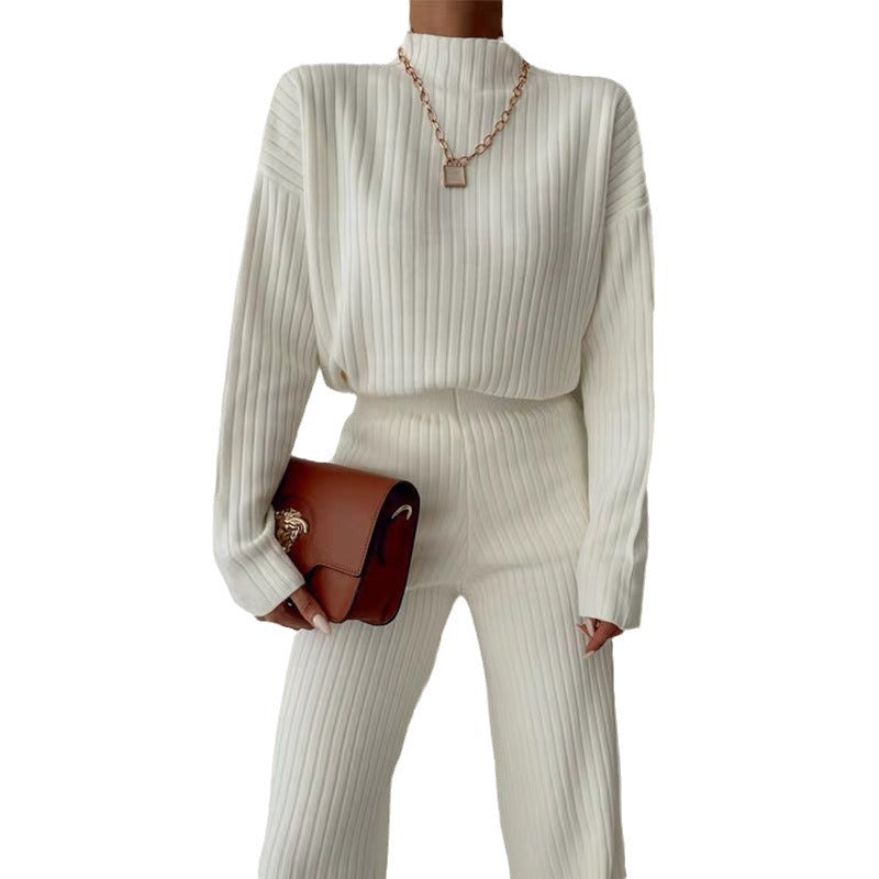 Damen Strick-Loungewear-Set mit hohem Kragen und weitem Bein Drune
