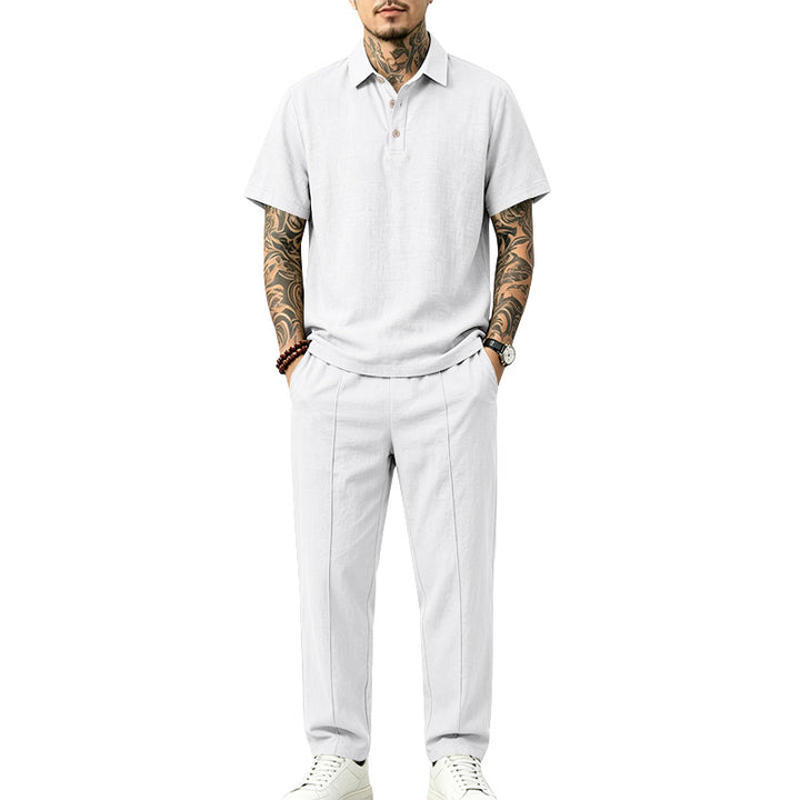 Herren Leichtes Leinenoptik-Loungewear-Set mit Polokragen und Bundfalten Drune