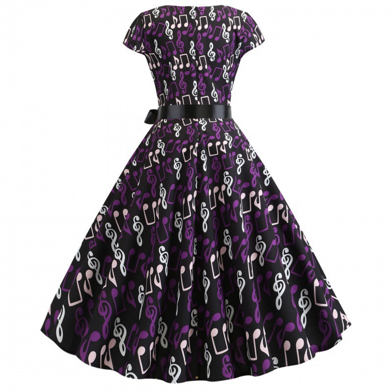 Damen Swing-Kleid mit musischem Muster und elegantem Taillengürtel Drune