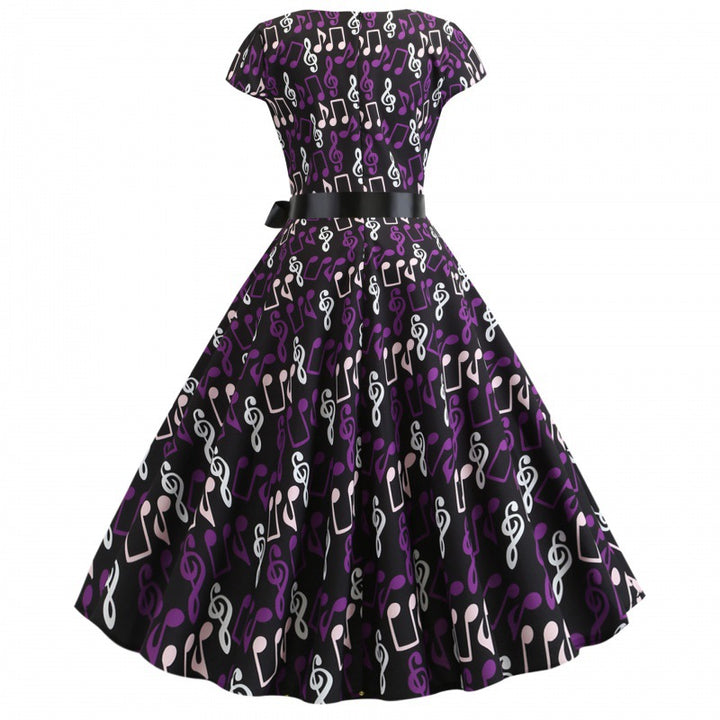 Damen Swing-Kleid mit musischem Muster und elegantem Taillengürtel Drune