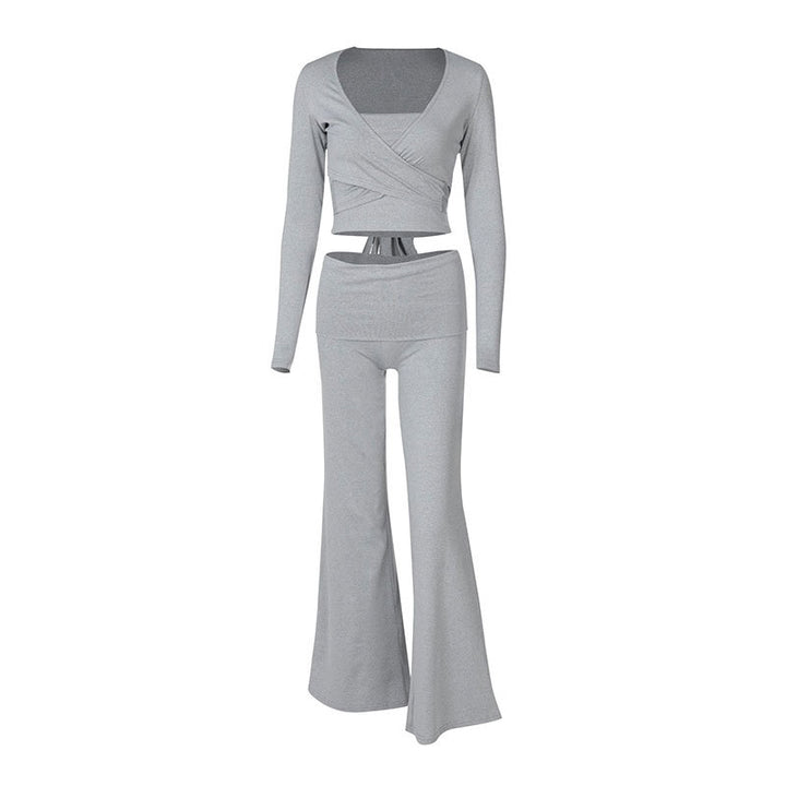 Damen modisches Two-Piece Set mit Wickeloberteil und Schlaghose Drune