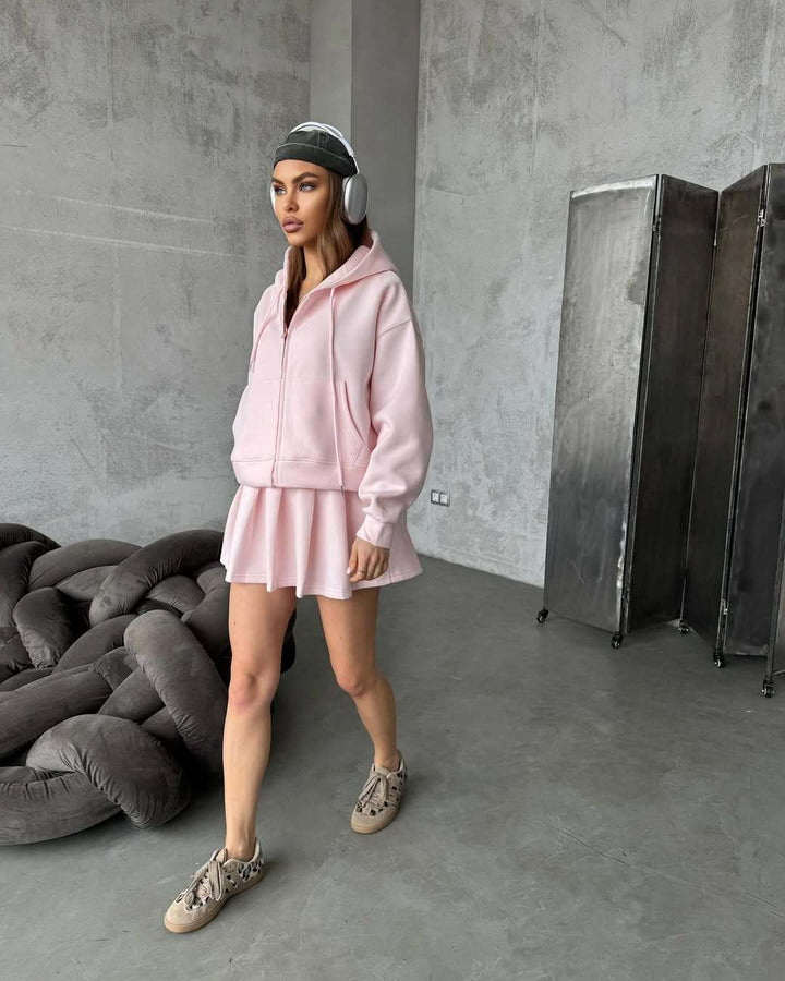 Damen Kurzzip-Kapuzenjacke mit plissiertem Minirock-Lounge-Set Drune