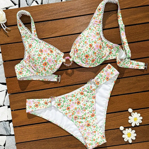 Damen Blumenmuster Bikini-Set mit elegantem Schnitt und verspielten Trägern Drune