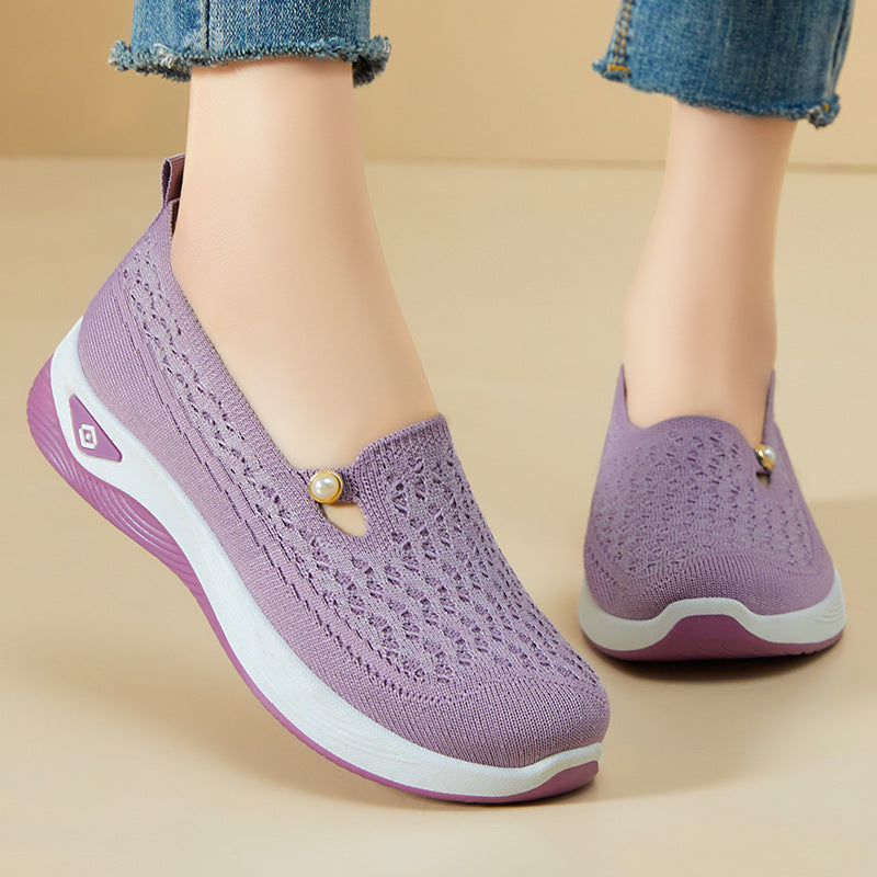 Damen nan atmungsaktive gestrickte Slip-On Slipper mit Perlenapplikation und stoßdämpfender EVA-Sohle Drune