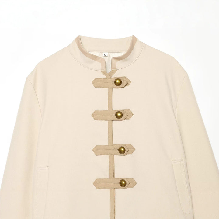 Damen Kurze taillierte Jacke mit Mandarinkragen und dekorativen Laschen Drune