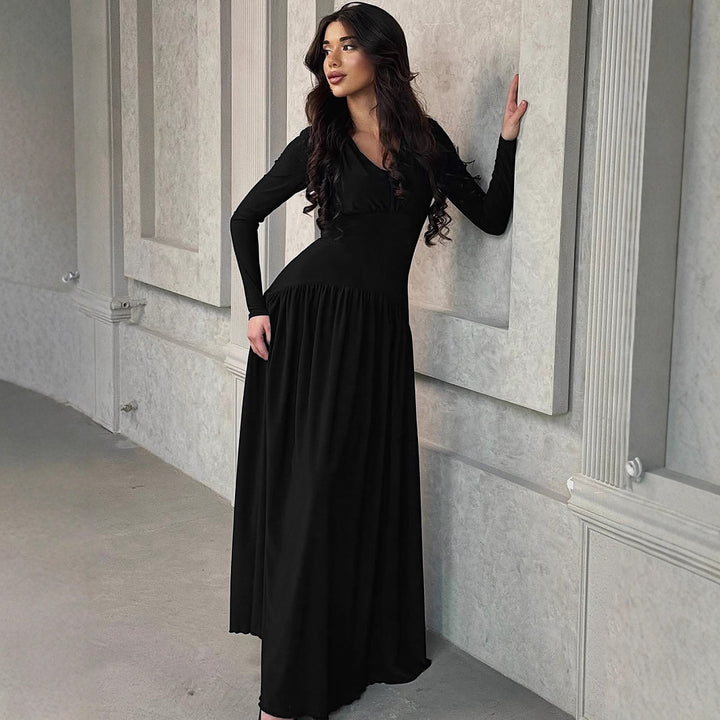Damen Elegantes Maxikleid mit tiefem V-Ausschnitt und fließendem Schnitt Drune