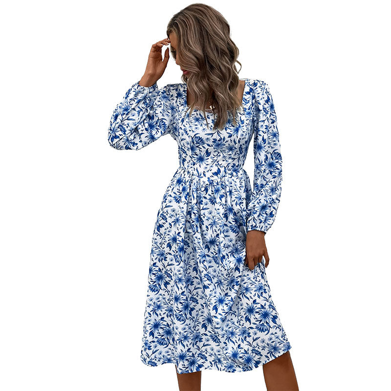 Damen Blumiges Midi-Kleid mit schulterfreien Ärmeln Drune