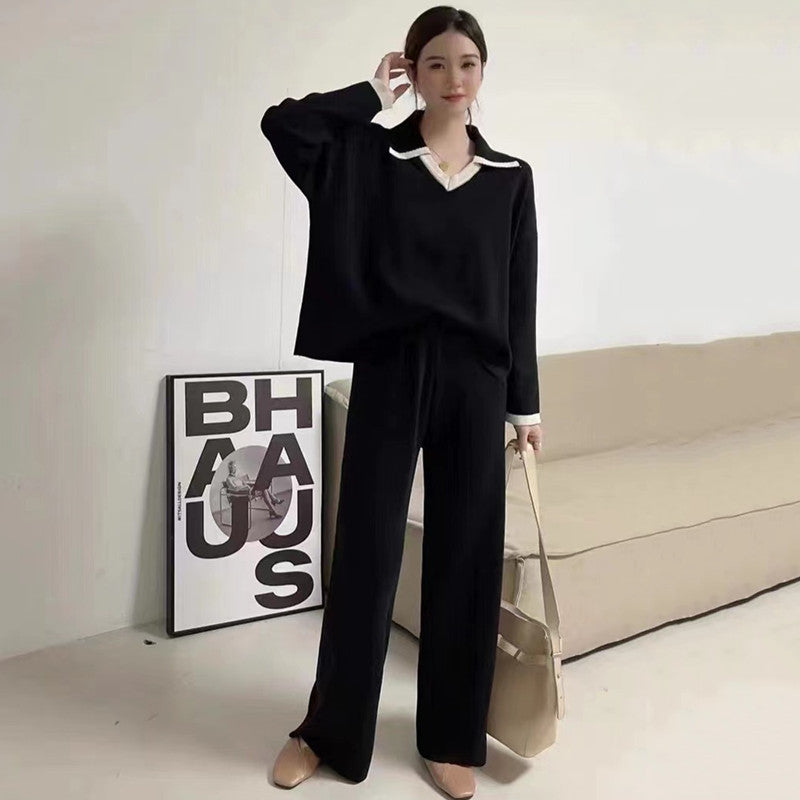 Damen elegantes und lässiges Strickensemble mit V-Ausschnitt und breitem Saum Drune