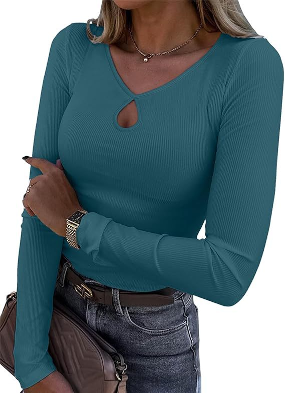 Damen Tailliertes geripptes Langarmshirt mit V-Ausschnitt und Tropfen-Cut-Out Drune