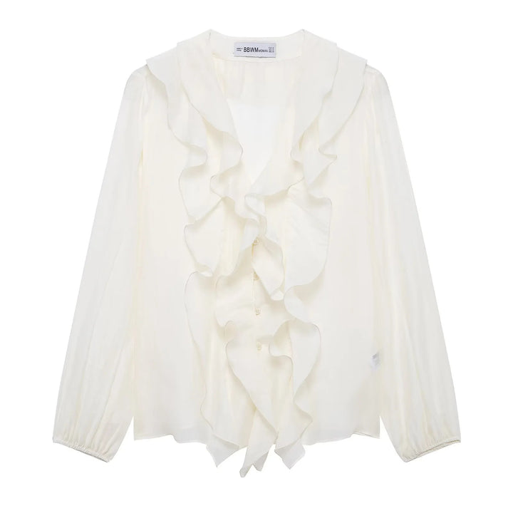 Damen nan Rüschige Chiffonbluse mit V-Ausschnitt, durchgehender Knopfleiste und Volant-Details Drune