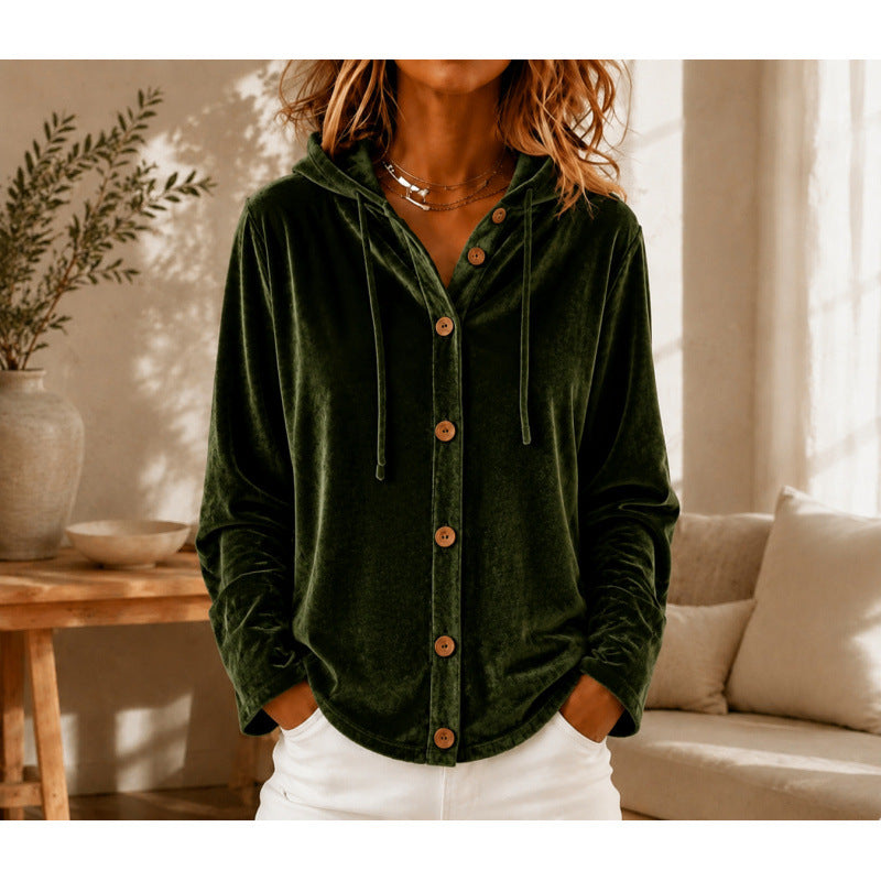 Damen Velours-Hemdjacke mit Kapuze und Knopfleiste Drune