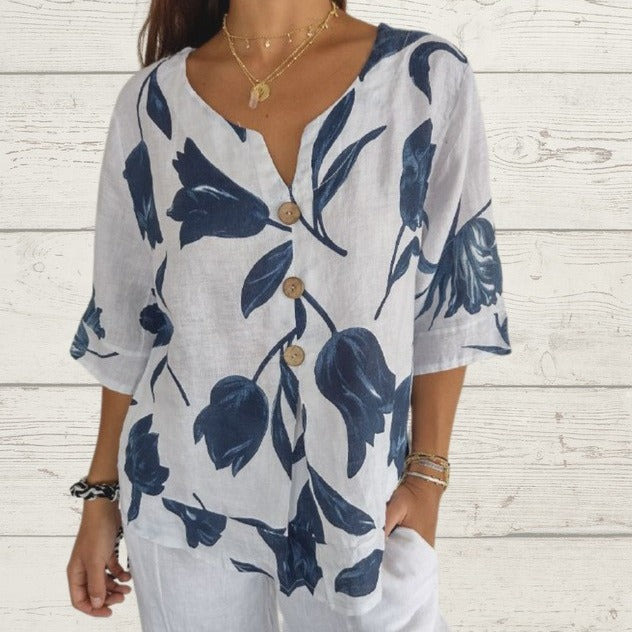 Frauen Locker V-Ausschnitt Bluse Top mit großem floralem Tulpenmuster und Knopfleiste Drune
