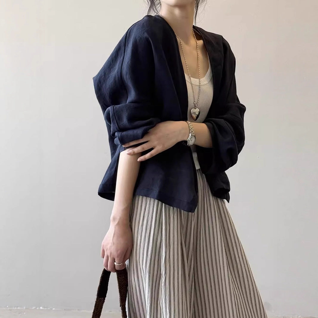 Damen Oversize-Kimonojacke aus Leinenmix mit offenem Fall und weiten Ärmeln Drune