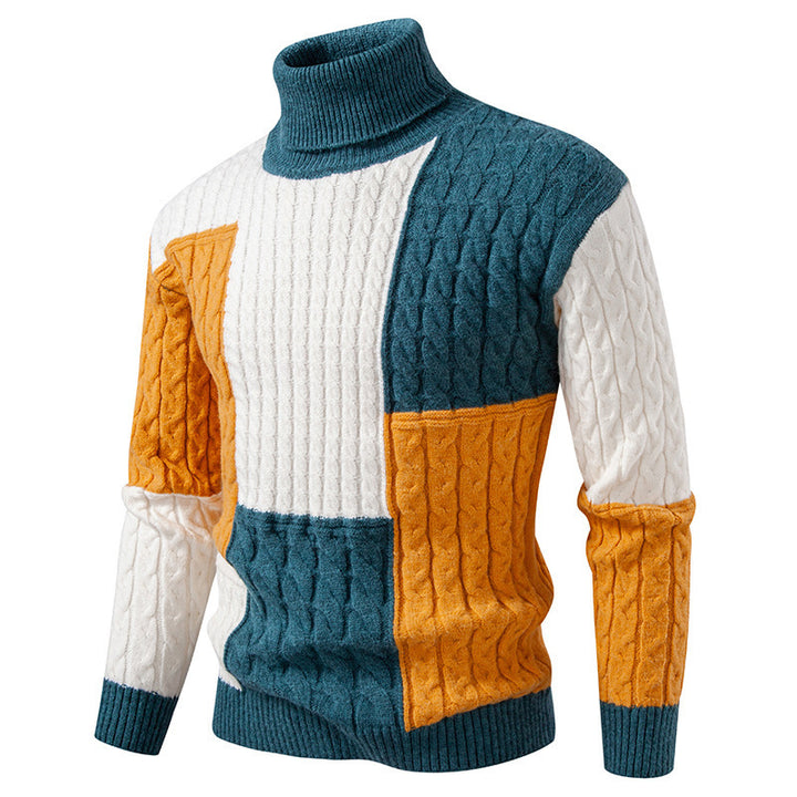 Herren hochabschließend gestrickter Pullover mit modernem Zopfmuster und attraktiven Farbblöcken Drune